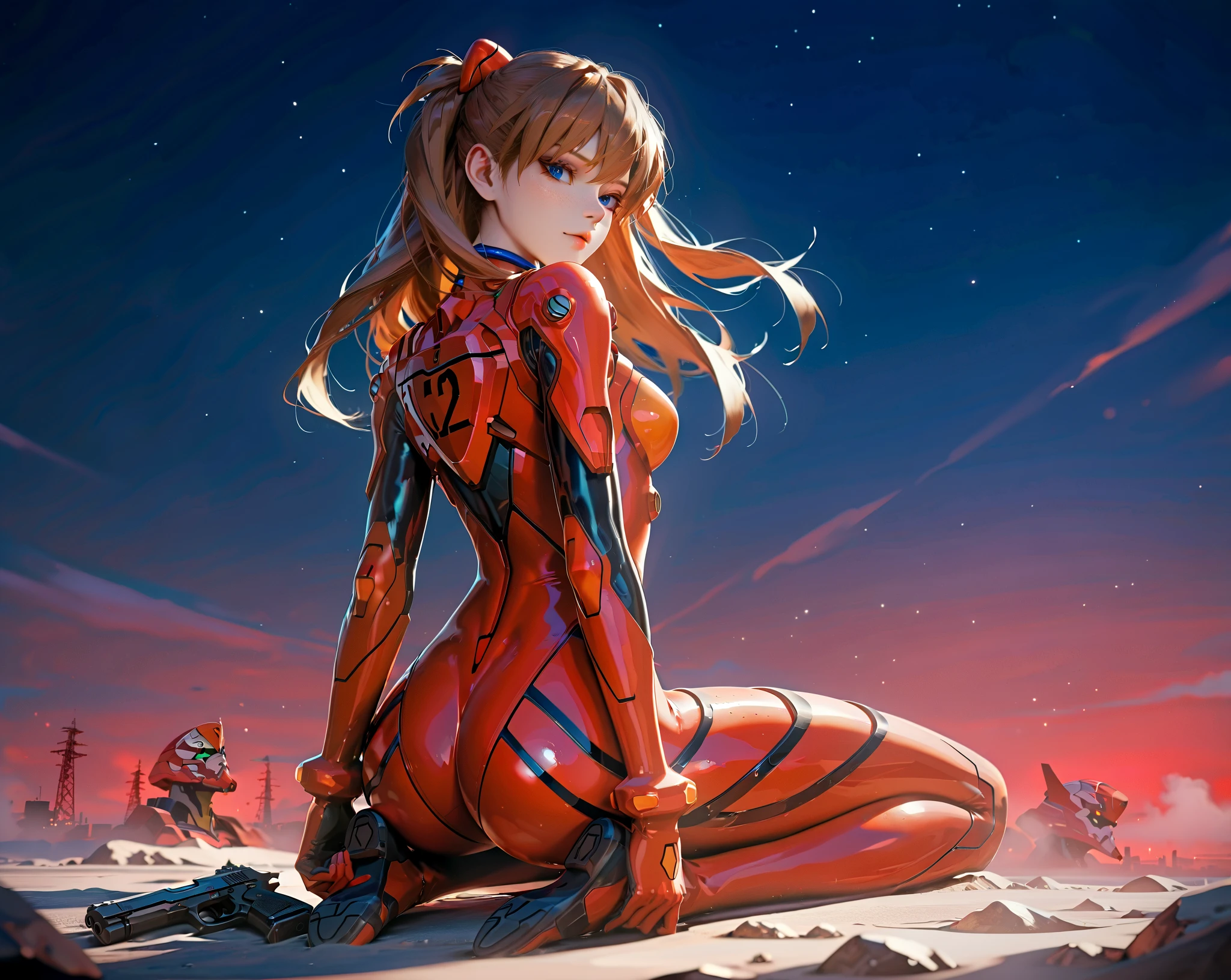 ( very detailed CG unity 8k wallpaper,masterpiece,  best quality, ultra-detailed),3d,a beautiful female model, transparent red bodysuit, slowly fading away, detailed face, beautiful eyes, full lips, long lashes, flowing hair, elegant pose, Under an empty night sky , by the sea,  Orange Hair , dramatic lighting, ethereal, Surreal, dreamlike, mist, Fog, shimmer, glowing, 8k, high-quality, cinematic, masterpiece,1girl, full body, back view, looking at viewer, ass, shirogane, souryuu asuka langley, brown hair, two side up, bangs, freckles, long hair, blue eyes, red sea, Eva-02 in the background, mad-bdyarmr, handgun
