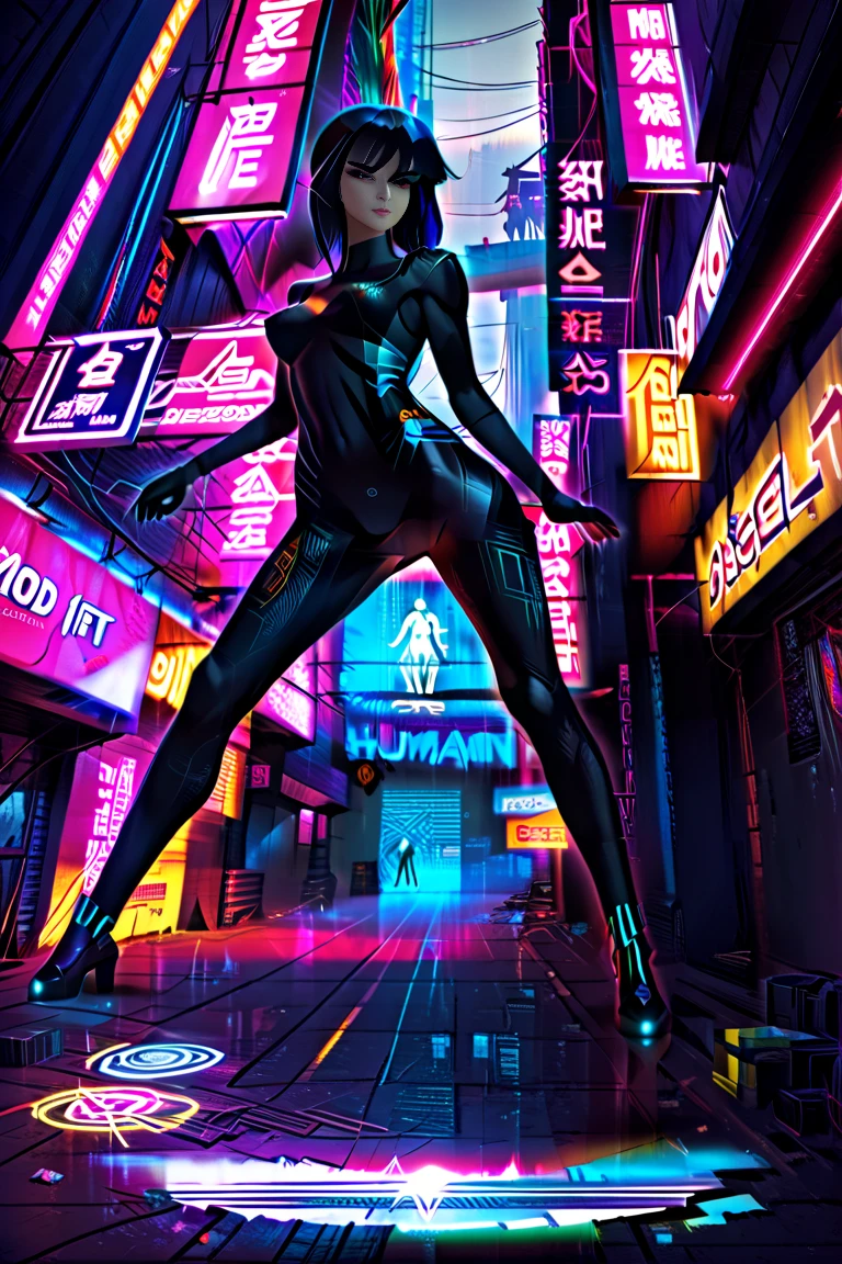 (masterpiece), best quality, expressive eyes, perfect face, body view of  female antihero, long black hair, (((humanoid anatomy holographic seethrough black bodyfit suit))), blend with shadow, (fading out), ((vanishing)), realistic 3d animation, ghost in the shell style, cyberpunk setting world, (dark rooftop lots of neons signs.) 