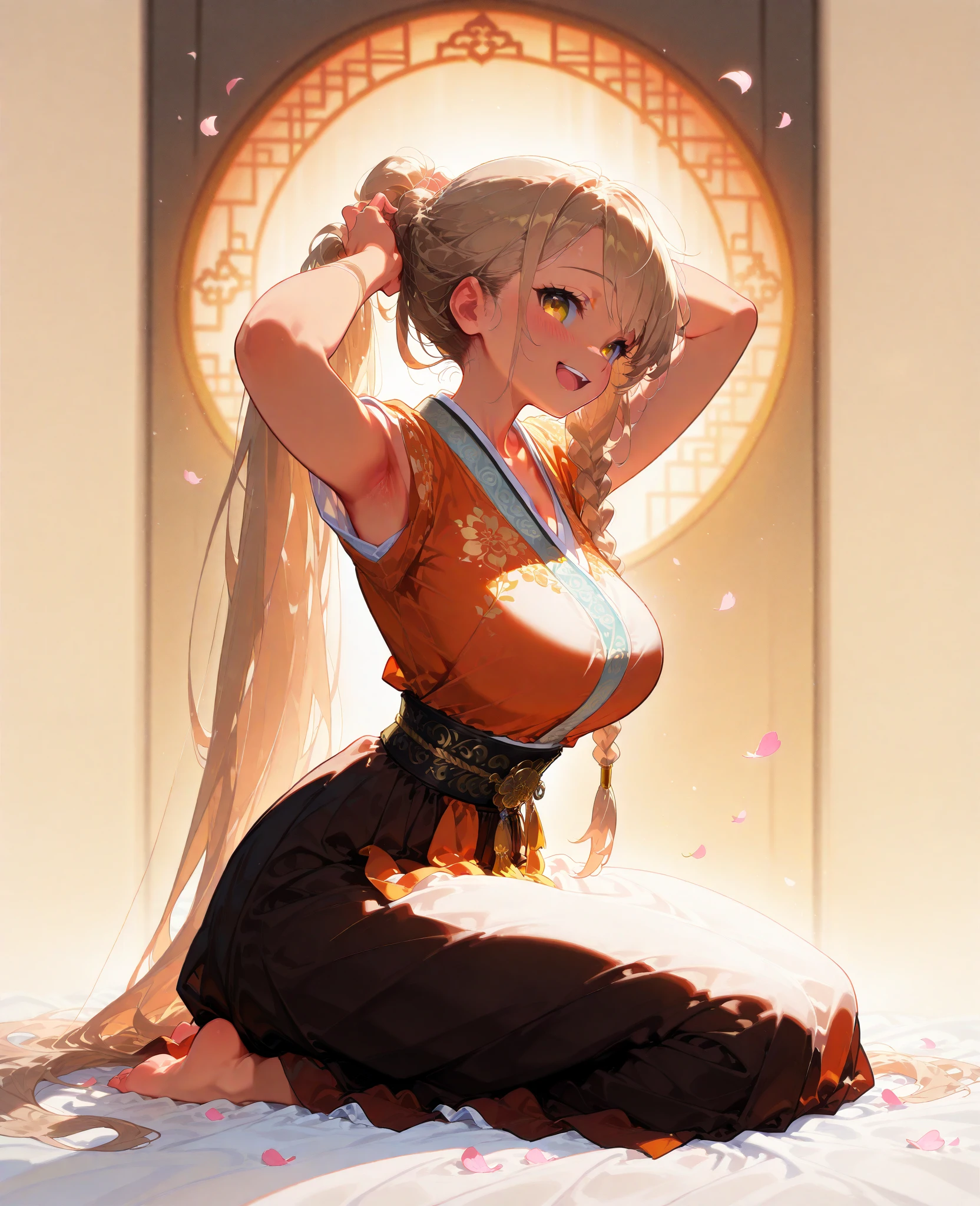 Ancient oriental style, cute girl, solo, hanfu, large breasts, blush, flawless smooth skin, looking at viewer, cheerful smile, sitting, The petals are flying (best quality,4k,8k,highres,masterpiece:1.2),ultra-detailed,intricate details, high fashion, dramatic lighting, warm colors, chiaroscuro, 1명의 소녀, Mocha brown color hair, Light Brown Hair, pure, A cute girl with a lovely and gentle impression, Yellow eyes, Side braid hair style, open mouth, Masterpiece, Best Quality, She is taking a posture of tying her hair, The nape of the neck, Absurdly Long Hair