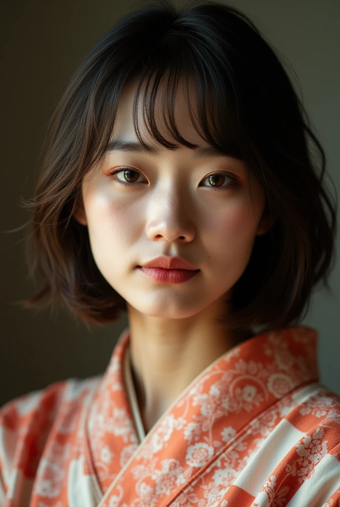 A beautiful  18 years old girl, modern hair to shoulders length with short bangs , (((wide lips))), ((slanted eyes)), (small nose).  face as recently woke up, no makeup, wearing a kimono, very realistic picture, reflex canon professional picture, (supermodel face), north korean face, portrait of face, zoom in face, tanned, cum on face