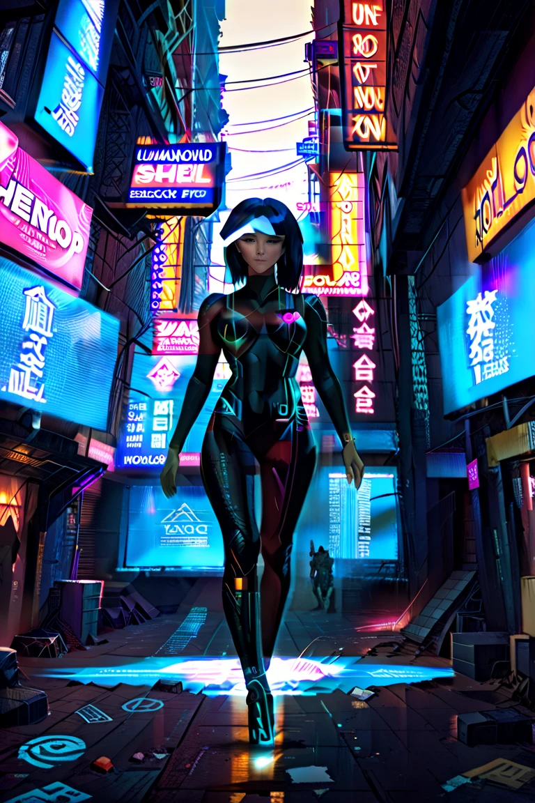 (masterpiece), best quality, expressive eyes, perfect face, body view of  female antihero, long black hair, (((humanoid anatomy ((hologram holographic)) seethrough black bodyfit suit))), blend with shadow, (fading out), ((vanishing)), realistic 3d animation, ghost in the shell style, cyberpunk setting world, (dark rooftop lots of neons signs.) 