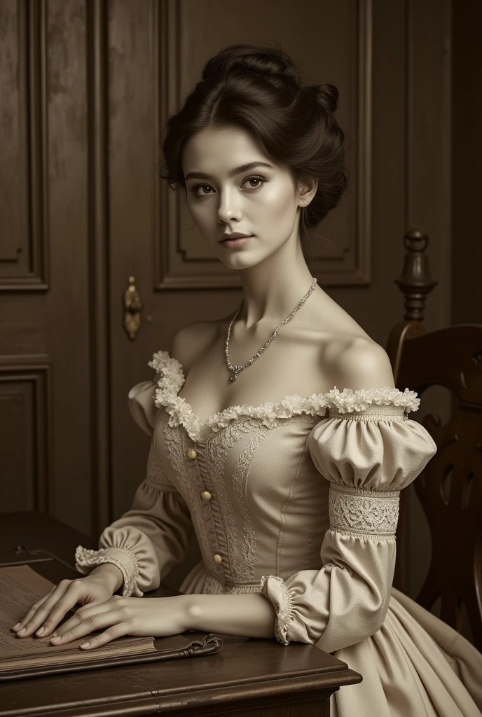 Create a Victorian printing style girl Era picture, her age 30 years old