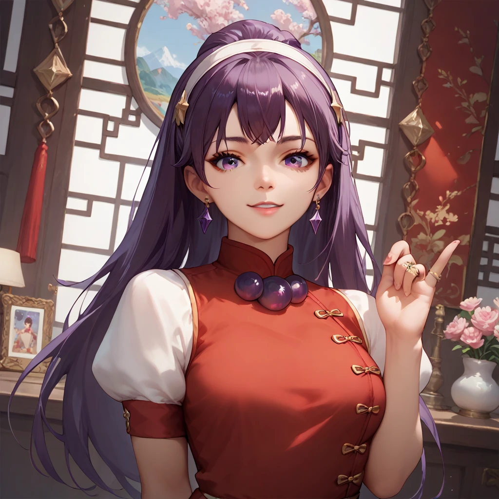 (( top quality )), ((masterpiece)), ( Details), （perfect face）、Asamiya Athena with bright purple hair is wearing a Chinese dress and an engagement ring in her bedroom