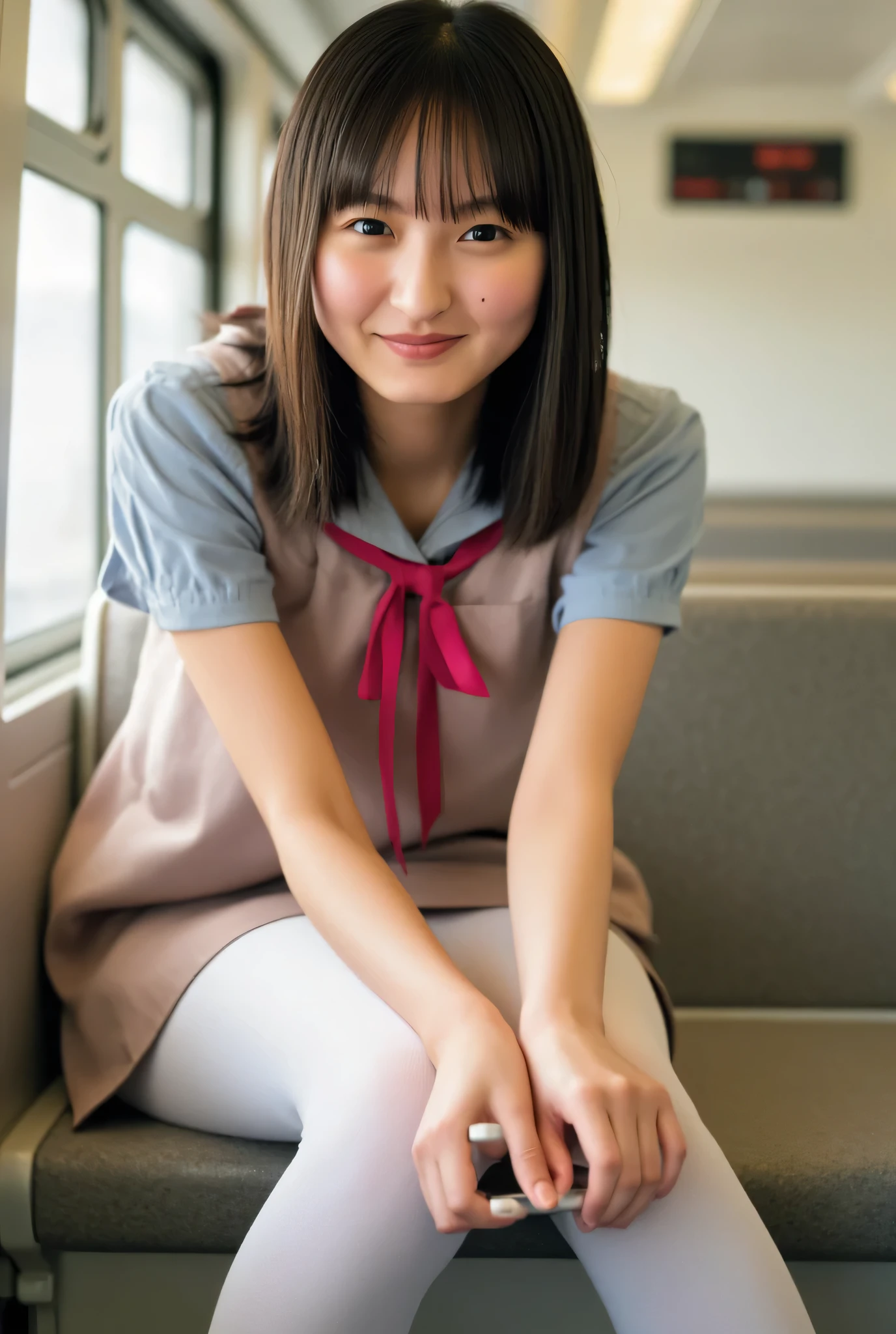 (masterpiece,  top quality , 8k,   RAW photos ,   beautifully、  beautiful:1.2),   detailed information,   indirect lighting,   realistic, whole body,   sitting on a train chair  、  high school uniform 、  miniskirt、((  white panties:1.8))、( super  realistic pantyhose)、stare at the audience 、smile、  happy  、  I have a smartphone、Peeking、 woman&#39; Training to break tiles  ,     a chair that can sit under a skirt,Super high resolution,8k,Bokeh,  Sharp Focus, Very elaborate face  ,  beautiful足,thin,(  Beautiful breasts),  super detailed eyes
