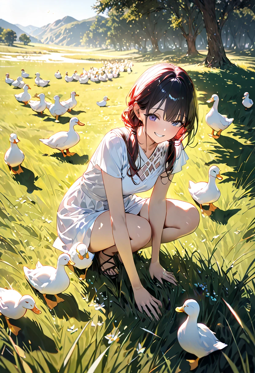 cute woman, no braided red low pigtails, happy smile, modernized caveman fashion, playing with ducks, grassland, professional and perfect composition, extremely delicate depiction, extremely clear image, various effects, bold and dynamic, contrasts of light and shadow, ultra detailed, absolutely resolution, masterpiece