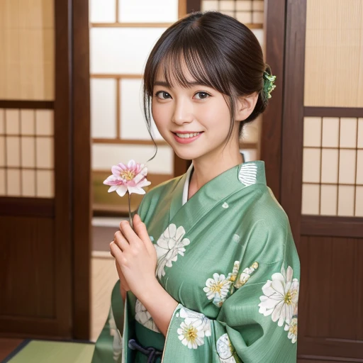 Best-quality, Masterpiece, Ultra-High-Resolution, (Photorealistic:1.4), Raw-Photo, Extremely-Details, Perfect-Anatomy, 1girl, 18-years-old, the most famous Japanese actress, in Japanese-style room, sitting SEIZA on green TATAMI, wearing brightly colored KIMONO, detailed extremely cute face like a most popular Japanese actress, detailed extremely beautiful big black solid circle eyes, detailed extremely beautiful black short-cut-haired, detailed brightly colored KIMONO, detailed green TATAMI, detailed Japanese-style room, detailed extremely beautiful realistic skins