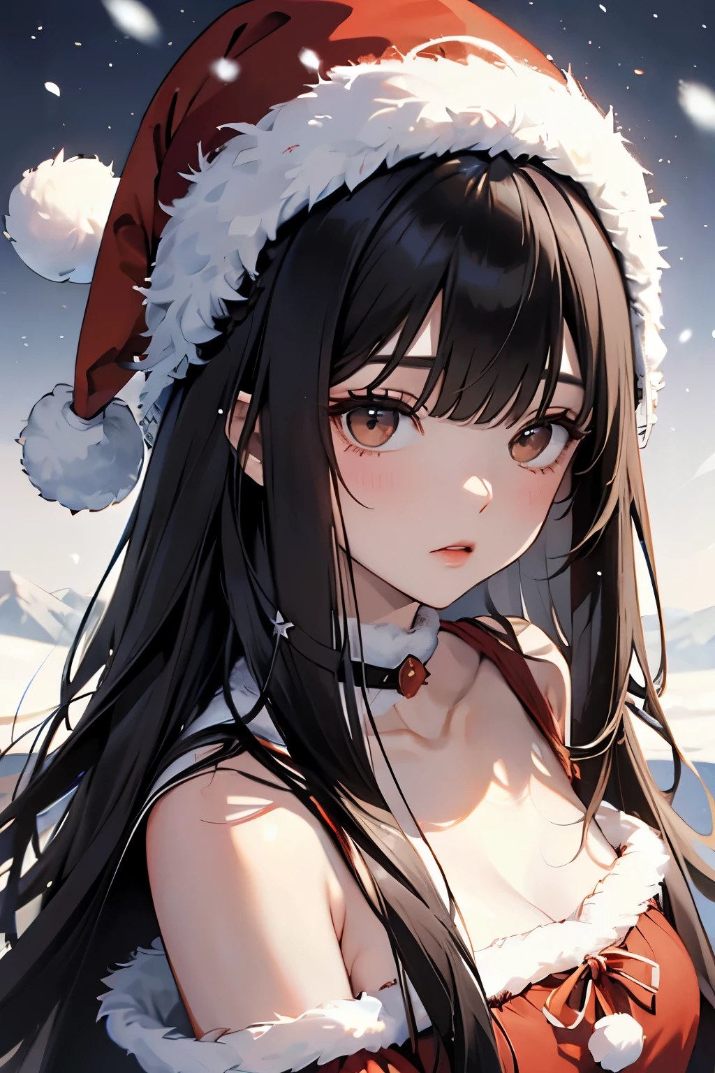 girl with,navy hair,Red Eyes,Snow and ice,Fantastic light shines in from various directions,Fluffy clothes,In a fantastic green forest,seduces,Chest wide open,Kamimei,begging,red tide,a lot of white liquid on the face and chest,,Suck your mouth full, Chew on a thick stick