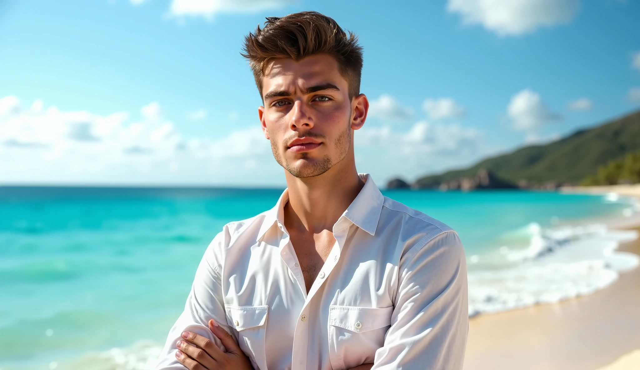 Arafed man standing on a beach with his arms crossed - SeaArt AI