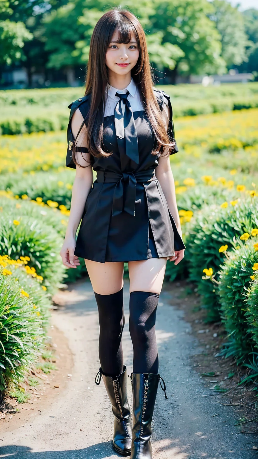 (8k、     RAW photos   、   top quality、masterpiece   :1.2)、(   realistic  、   realistic  )、1 person、((bangs、 ties、 shows shoulders、tights、 boots、 black jacket 、Short sleeve、smile、whole body、 black tight miniskirt、 shows shoulders、Flower Field、Narrow waist、 curled hair 、  standing facing you   )、 cute