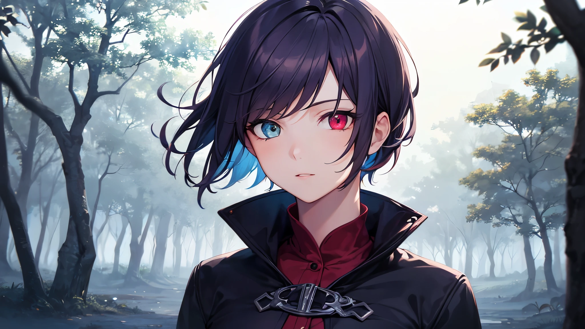 Anime girl with blue eyes and black jacket in a forest - SeaArt AI