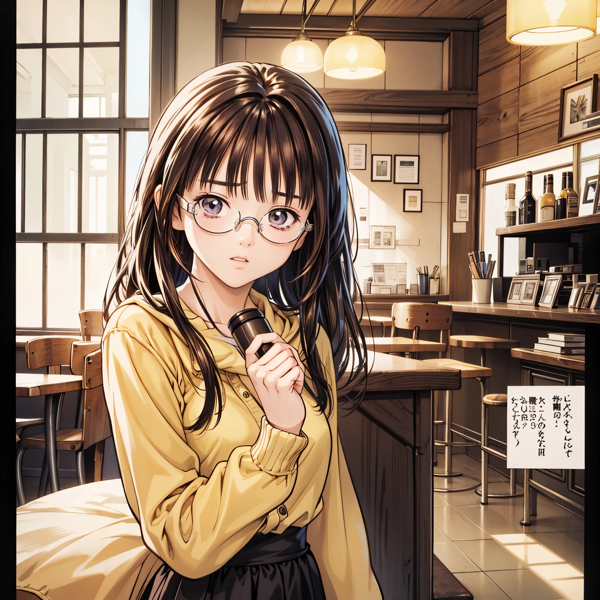 (8k、 top quality 、masterpiece:1.2)、( realistic、 ultra-detailed、 super A high resolution、 1 girl、、 beautiful detailed faces in dark bars、fidgety、narrow、( slim waist) :1.3)、Autumn Clothes、 、 Skin Texture 、Floating Hair、 PROFESSIONAL LIGHTING IN A TRENDY PARISIAN CAFE 、服、 An anime character with glasses 、 Human body、 brown hair、Shy、Timid、Junior high school students、 embarrassing、(( An anime character with glasses る))、