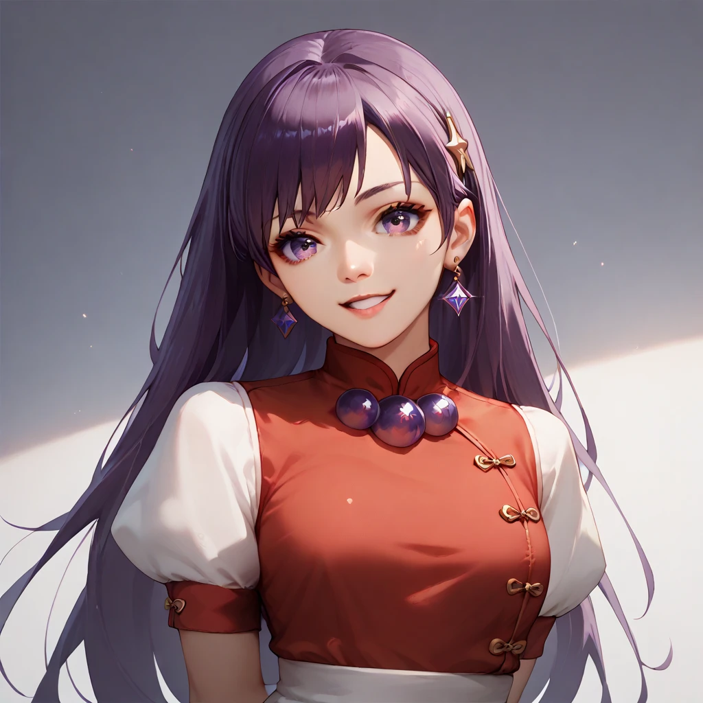 (( top quality )), ((masterpiece)), ( Details), （perfect face）、Asamiya Athena with bright purple hair is wearing a red Chinese dress with gorgeous gold embroidery and edging