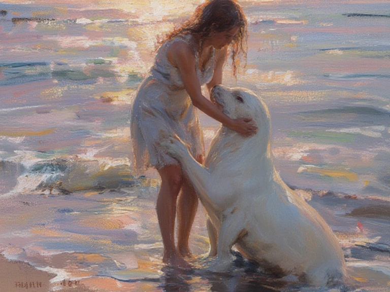 An impressionist-style oil painting capturing the Sabian Symbol for Aries 1 degree: "A woman just risen from the sea. A seal is embracing her." The scene depicts a tender moment between the woman and the seal, set on a serene shoreline at dawn or dusk. The woman, wearing a modest dress that clings to her body due to being wet from the sea, stands with her feet just above the waterline, illuminated by soft, dappled sunlight filtering through the mist. Her hair, damp and flowing, shimmers with the light as she gazes down at the white seal that affectionately embraces her with its smooth, glistening fur. The seal’s presence is gentle, almost protective, as it interacts with the woman, creating a sense of pure, intimate connection. The brushstrokes should be loose and expressive, capturing the movement of the water and the fluidity of the moment, while still giving attention to the textures of the wet dress and the soft fur of the seal. The background features a hazy, impressionistic seascape—faint colors of the sky reflecting off the water in shades of pastel blues, pinks, and soft yellows. The painting should evoke a sense of renewal, purity, and harmony, with vibrant, yet soft colors and a dreamlike atmosphere typical of the impressionist style.