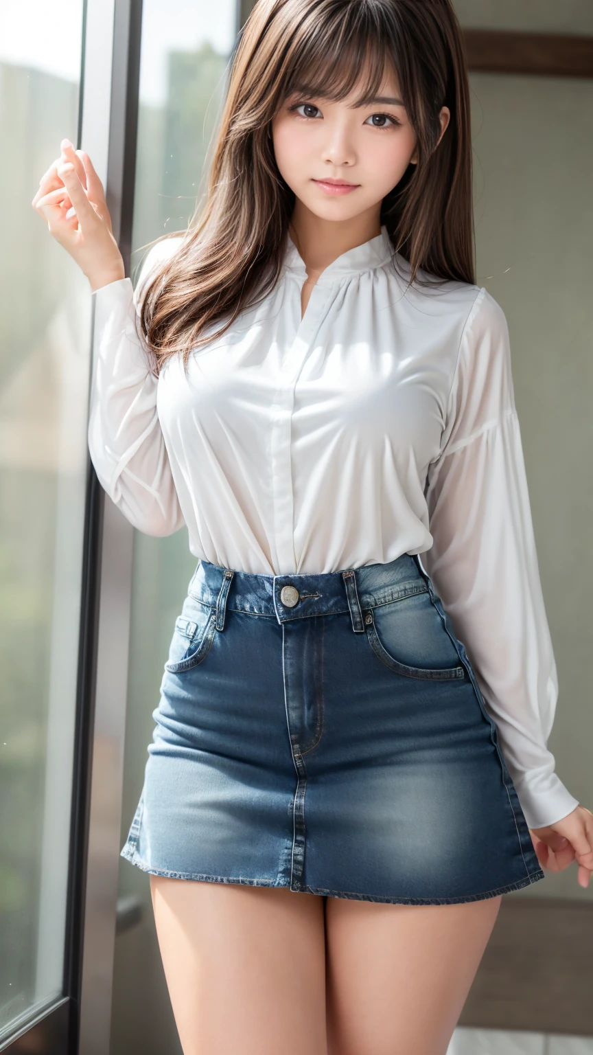 ((top-quality、8K、tmasterpiece:1.3))、Twenty years old、Long gray hair、Focus Clear:1.2、Beautiful woman with perfect style:1.4、Slim abs:1.2、((dark brown hair、Colossal tits:1.2))、(White button-down long shirt:1.1)、School playground:1.2、Highly Detailed Face and Skin Textur、詳細な目、二重まぶた、camel top、wears glasses、denim pant、The same person