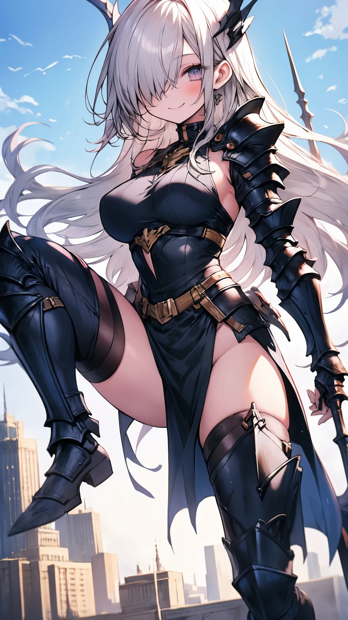 anime waifu bodybuilder, beautiful face, smiling face, perfect body, fit body, abdomen, large breasts, muscular, ((hair) long and blonde), ((clothing) white colored tight swimsuit, torn), (torn cape at the tip covering the body of black color, and hood covering the head of black color), character A2, (white and torn bandages on the arms and legs), (((top view)))