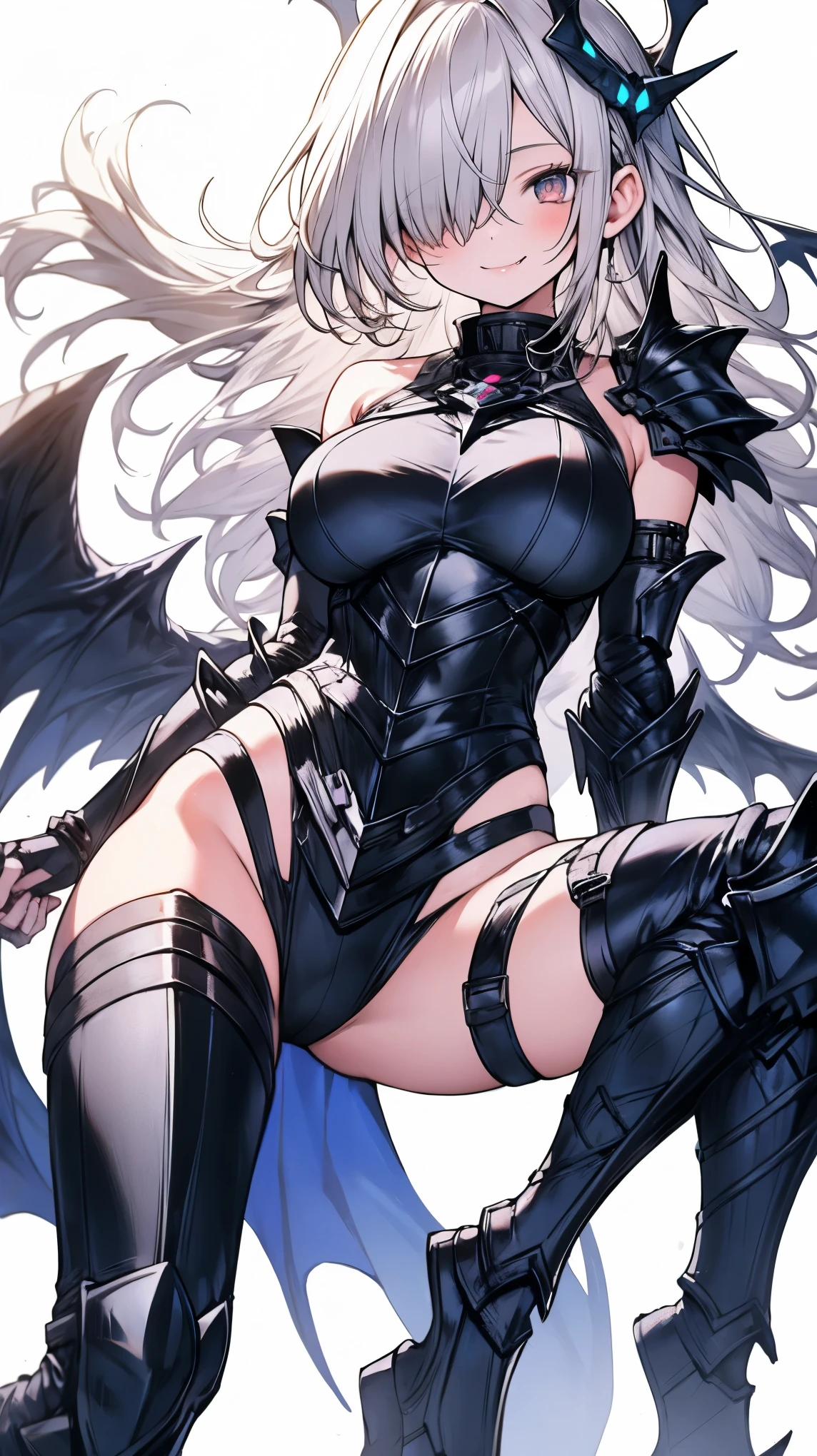 League of legends character riven in venom suit, white hair, yellow eyes, black suit, black bunny suit, venom suit, looking to the camera, smile, holding the camera, sexy body