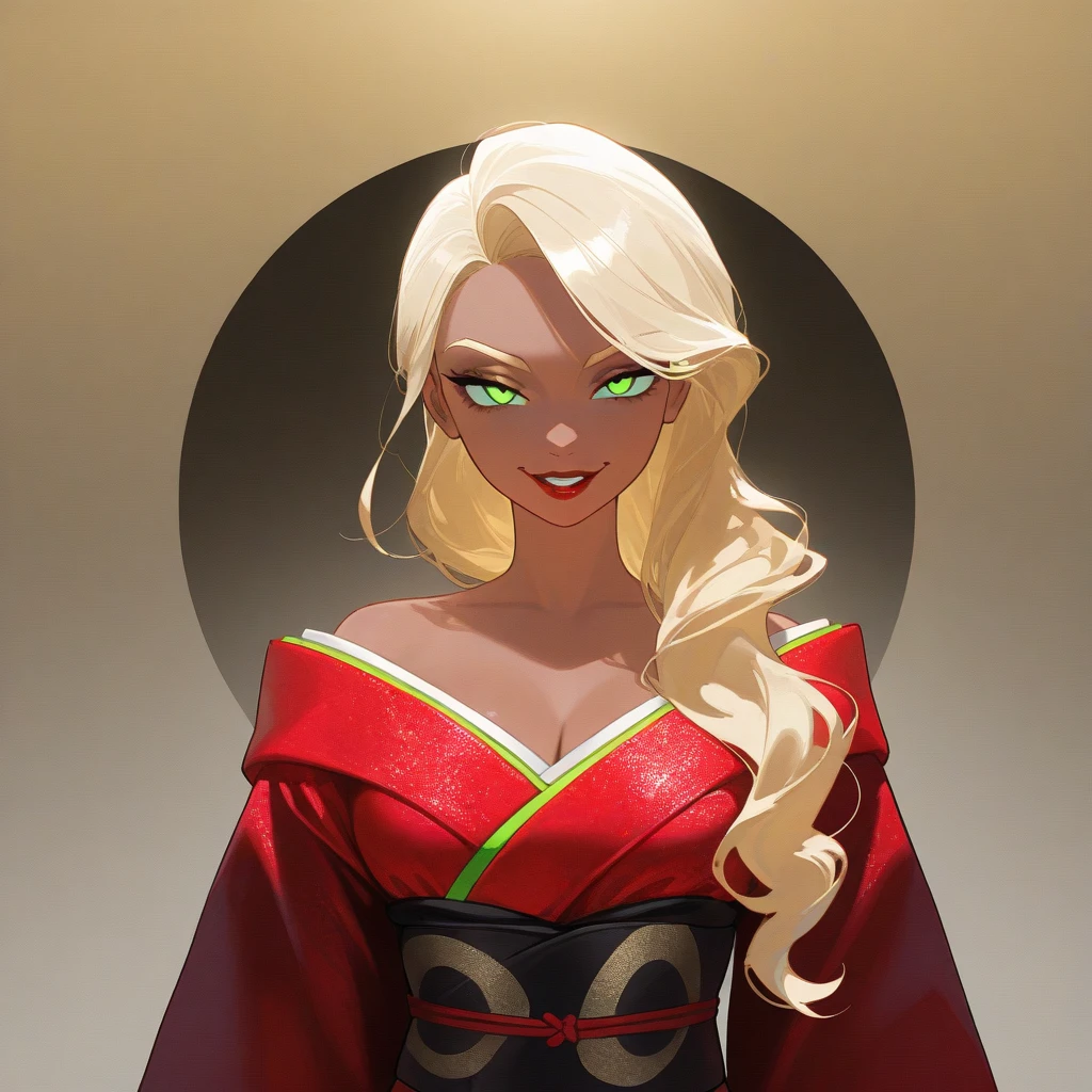 OC, female, semi realism, dark tanned skin, red lips, blonde eyebrows, perfect face, long wavy light Ashe blonde hair with bang, half-closed Green eyes, evil smile, red glamorous, sweet aesthetic, sexy kimono, mystic luminescent, sexy,