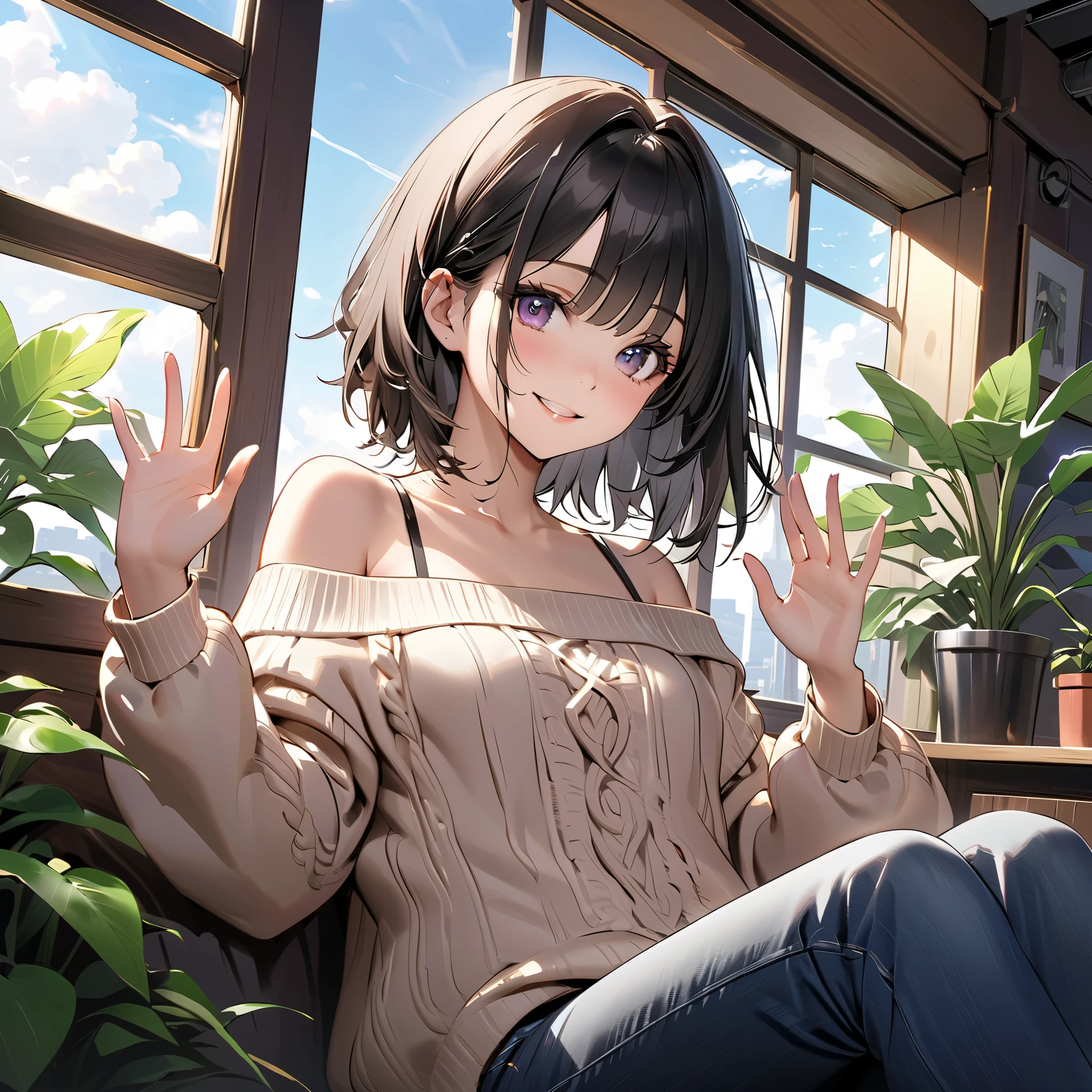 Anime girl sitting on a couch with her hands up - SeaArt AI
