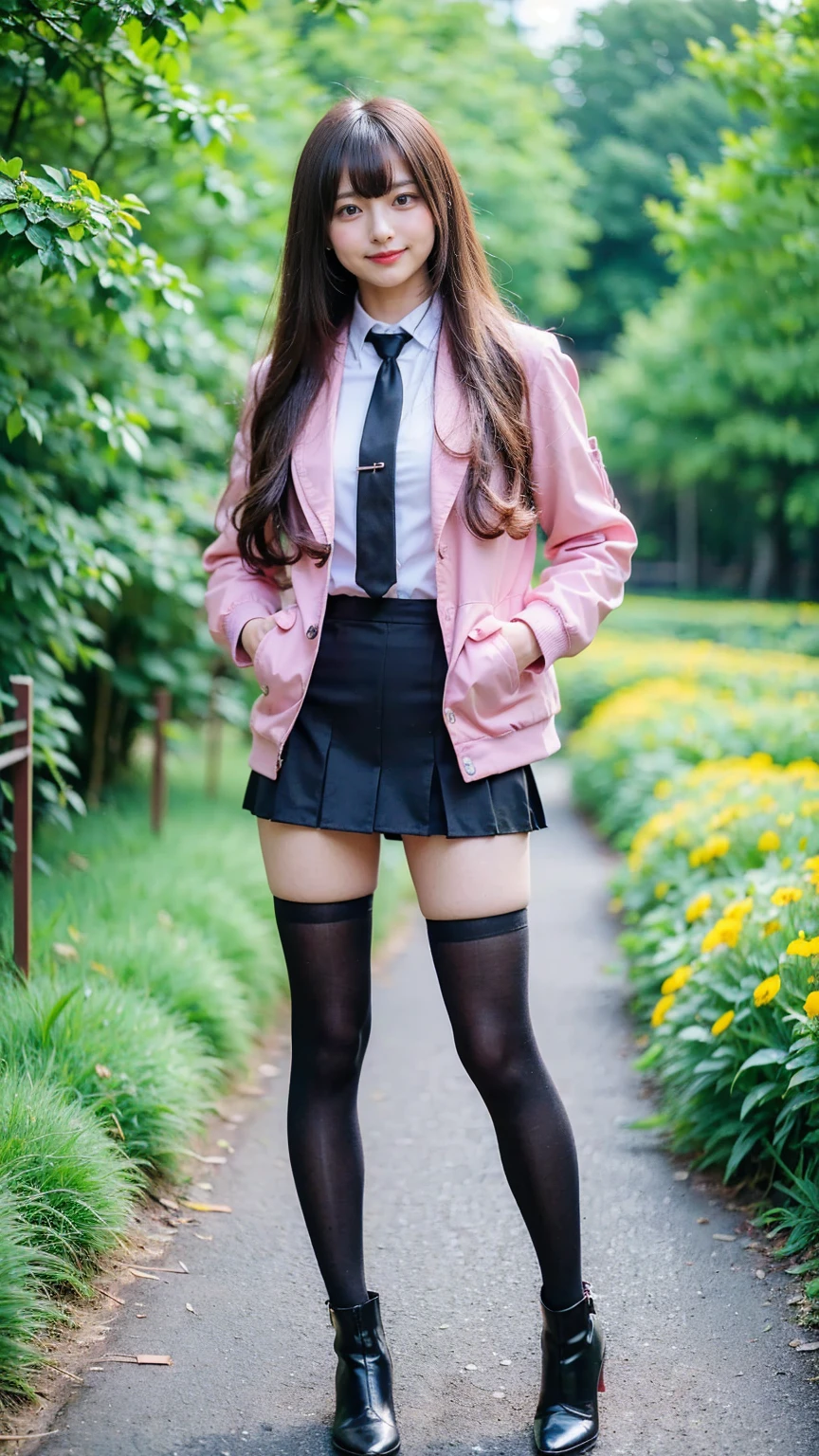 (8k、     RAW photos   、   top quality、masterpiece   :1.2)、(   realistic  、   realistic  )、1 person、((bangs、 ties、tights、 boots、black and pink jacket 、 see-through、smile、whole body、 black tight mini skirt、 shows shoulders、Flower Field、Narrow waist、Stand with hands on hips、 standing facing you   )、 cute