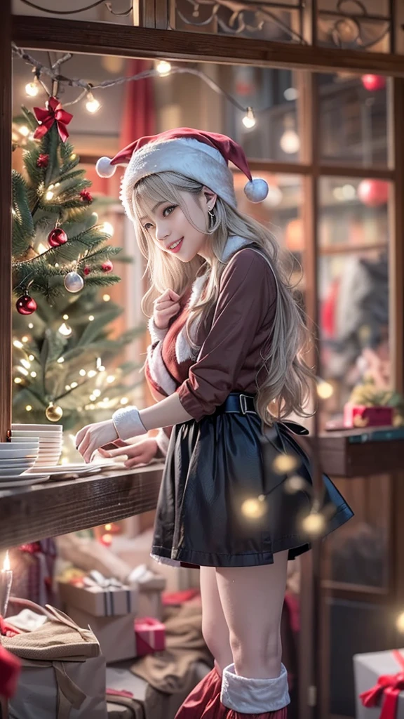 (32K:1.4, Photographically:1.4, top quality:1.4, masterpiece, Super high resolution),  Christmas night:1.3,  professional camera work :1.3,   cinematic lighting :1.5, 非常に Detailsな肌と顔の質感:1.3, Always accurate,  Details, ((22 years old, Small face,  very cute, Incredibly Thin :0.5,  Fluffy Santa Outfit :1.5,  Santa hat :1.0,  Christmas Dinner:1.4,  christmas tree , During meals:1.4,  Moonlight Illuminating the Shed )),  white skin,  elegant , sense of cleanliness, (Eyes full of beautiful eroticism , smile, I love you with all my heart,  open your mouth slightly, lipstick, Overly sensual, Feeling beautiful sensuality), ( old man with sexy face , Beautiful sensual atmosphere,  wet dark brown long hair in another dimension),  earrings for women with first name,  necklace,  Bracelet , ( romantic, Mysterious ), Object of praise,  original , dramatic, Artistic, Innovative, charm, Heartful, nice,  sense of openness , Special,  Exciting, Extreme, (((joy, joyの表現, 可愛さのcharm, 女性的なcharm)))