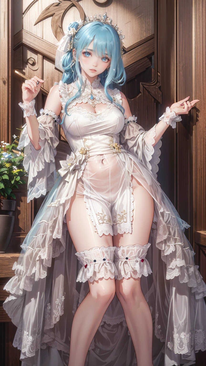 Character Details:, - Gender: 1 Girl.
- Style: Anime, - Body Type: Attractive body, slim body, nice legs, slim tights, nice arms, nice shoulders. - Breast: ((Small Breast:1,5)), Cleavage.
- Facial Feature: Beautiful, Gorgeous, Teenager, Fresh, Young.
- Expression: Shy, Smile, Horny, Pink Blush on Face, Sexy Eyes, Sexy Look, (Sweating:1.4), Innocent Look, Tipsy. - Hairstyle: Blunt Bangs, Long Hair. - Hair Color: Light Blue Hair.
- Clothing: ((Full Wedding Dress:1.6)), (off-shoulder:1.6), (Stocking:1.4). - Body Pose: (Kneel). - Behaviour: Waiting, Want Something, Secretly.
- Accessories: Earrings., Environmental Details:, - Setting: Bed Room., - Lighting: Natural Light., - Decoration: Modern Bed, Desk, Chair, Window, ((White Curtains:1.6)), City View. Top view. pov, anime style, UHD, retina, masterpiece, accurate, anatomically correct, textured.