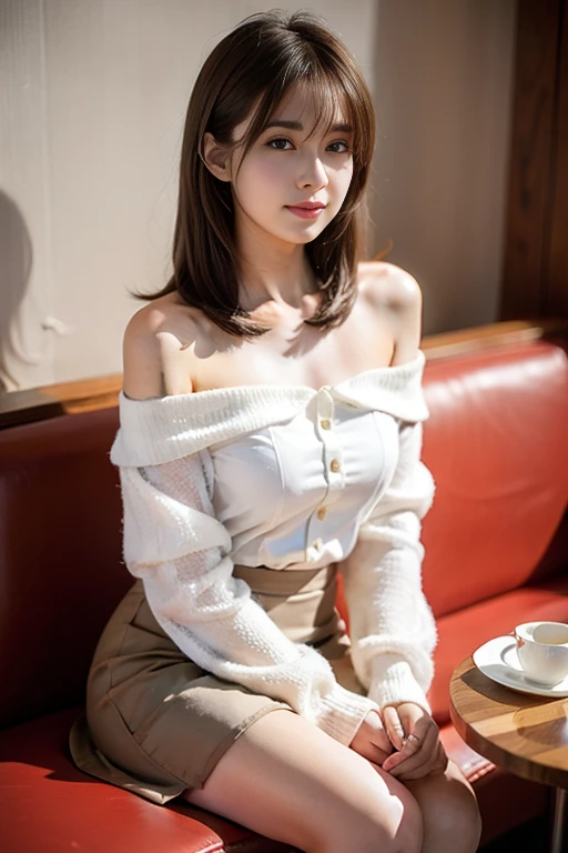 (Beautiful Japanese woman in the photo,1 person、28 years old、whole body,Fukaya,Diamond Earrings,Surface Focus,Sexy pose,Looking at the audience,(8K、original photo、Top quality、masterpiece:1.2)、(Realist、Photorealistic:1.37)、Dark brown hair、Detailed face、Delicate lips、Delicate eyes、More Skins、Double eyelids、(Big breasts:1.5)、(On the table), best quality, bloom, Exquisite,, (From below), (Ribbed sweater:1.3), Off-shoulder sweater, (shorts:1.2), Bare shoulders, (Lower breasts:1.2), ((Dark Skin:0.8)), beautiful eyes, (Messy hair ), Over the shoulder shot, professional, Canon Camera, Nikon Camera, sharp, Bokeh, Studio Quality, Fisheye lens