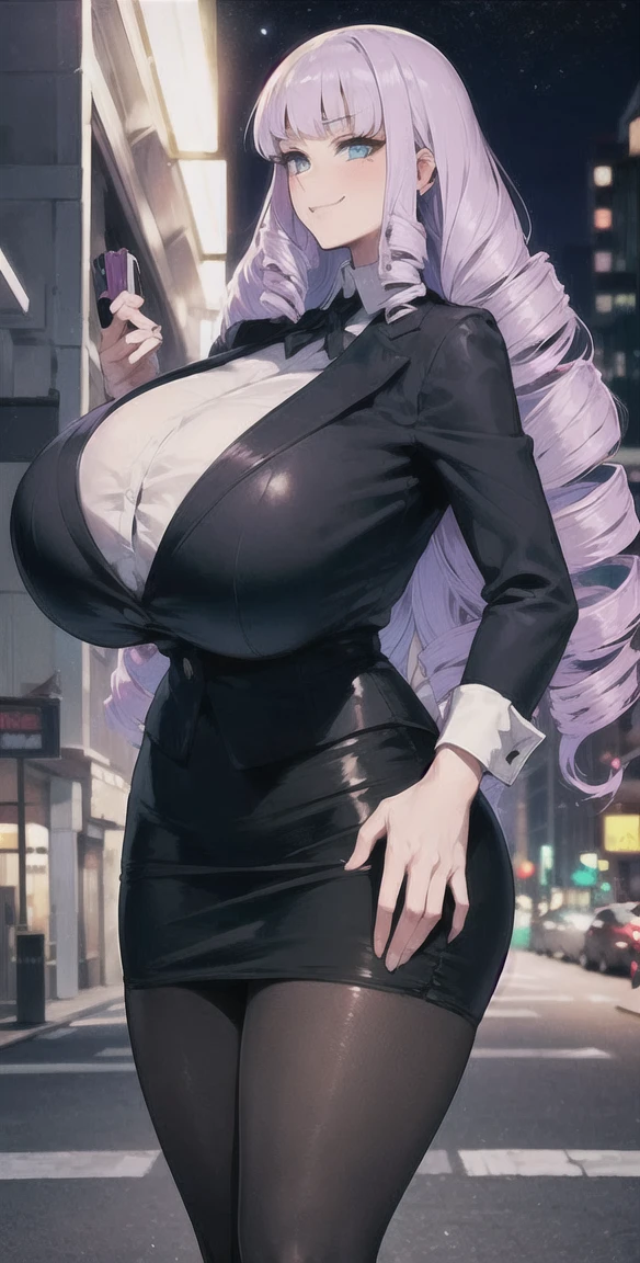 Fujido Oriko, woman, tall, (Huge breasts:1.5), (gigantic thick thigh:1.3), (gigantic huge hip), light purple hair, long hair, drill hair, (Narrow waist:1.3), Long legs, blue Eyes, (standing in the city), (night), (business suit, black jacket, pencil skirt, pantyhose:1.4),  masterpiece, best quality, cowboy shot, sweat, smug, sloopy smile, 