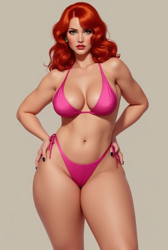 Girl with big breasts, small waist big hips, redhead, White skin, with tight pink bikini