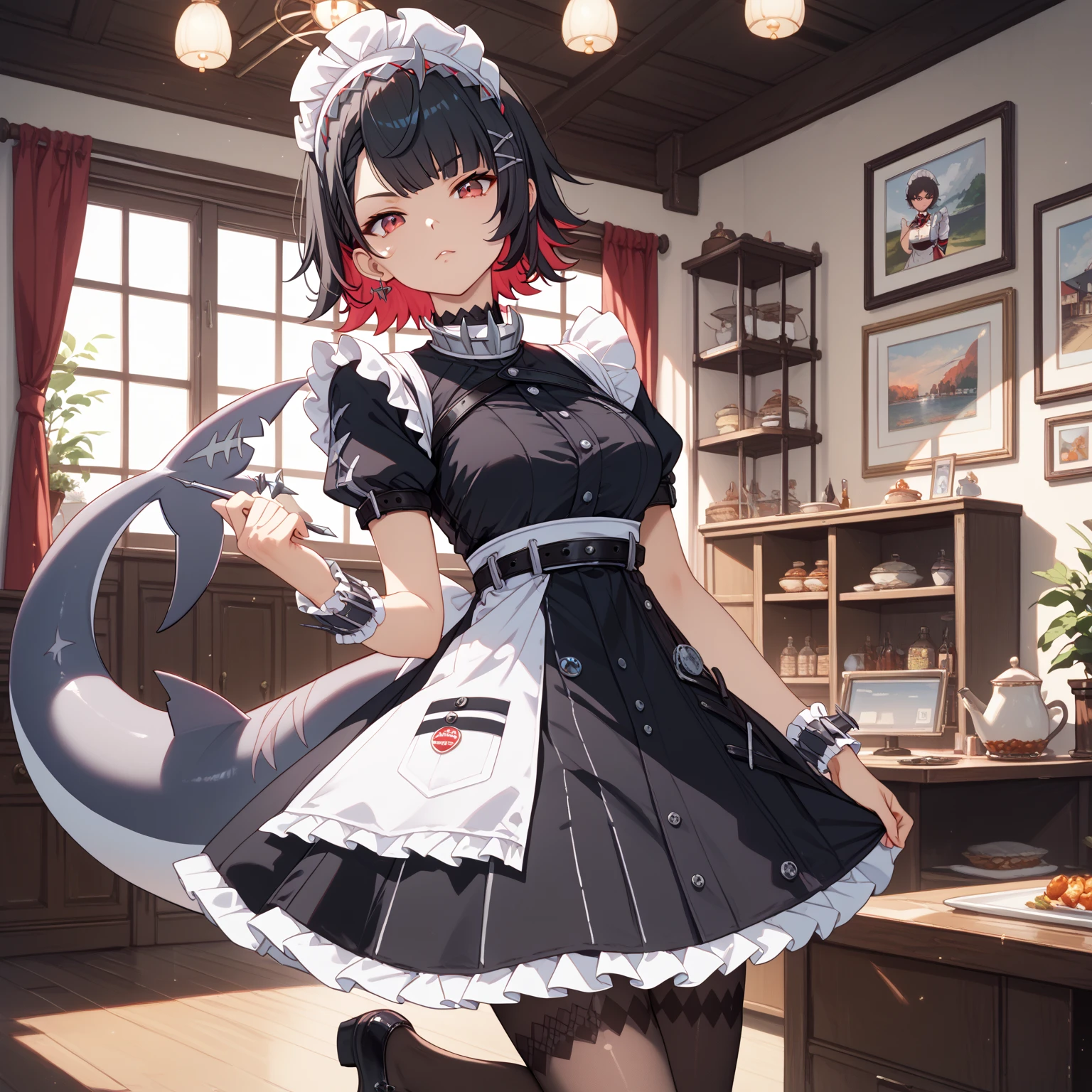 ellen, red eyes, black hair, short hair, colored inner hair, hairclip, ear piercing, fins, shark tail, maid headdress, hair ornament, black dress, puffy short sleeves, choker, frilled dress, high-waist skirt, black pantyhose, wrists cuffs, apron, belt, black footwear, stand, Confident pose, Room, Displeased face, Beautiful view, good atmosphere, Thigh