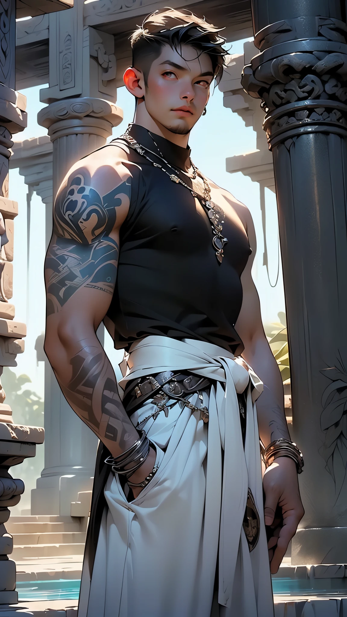(male) Aztec,(Sexy Aztec boy),((((1male,1 male, 1man, 1 man:1.5,man,male,male gender:1.5)))),((((old man,50 year old man)))),macho man,
(((black hair, Men's haircut with braid:1.5))),(((eyes golden:1.3))),intricate eyes,beautiful detailed eyes,symmetrical eyes,(ultra-detailed black eyes:1.1,symmetrical eyes:1),man chest,(((dark skin lustrous skin:1.5,tanned skin,bright skin: 1.5,skin tanned,shiny skin,very shiny skin,shiny body))),perfect face,muscle chest,muscle,(((detailed face))),
(nsfw),opulent,sumptuous,
male, warrior, blue skin, muscular build, abs, strong arms,aztec clothes,helmet with green feathers, red skirt garnished with bones,shoulder pats, armguards, muscular,(barefoot,),(((tribal pants,bulge in pants))),((tattoos and markings:1.5)),((wet clothing,intricate outfit)),
dynamic pose,looking at viewer,angry ,centered,scale to fit dimensions,Rule of thirds,
outdoors,pillars,((pillars background,aztec palace,aztec palace background,pyramids in the background)),scenery,extremely scenery,(puddles everywhere,moss,moss on the background),sunset, golden hour),
(Glossy aztec ornaments),highres,sharp focus,(ultra detailed,extremely detailed),(photorealistic artwork:1.37),(extremely detailed CG unity 8k wallpaper),(((vibrant colors,vibrant theme))),(intricate),(masterpiece),(best quality),artistic photography,(photography taken by sldr),(intricate background),perfect rendered face,perfect face details,realistic face,photo realistic,((intricate detail)),(((realism))),