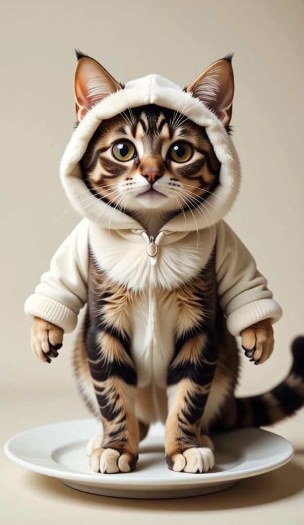 The character is a cat wearing a cat costume 。 standing on a plate 。 wearing a fluffy costume with cat ears and tail。The eyes are big and shining,、 super real 