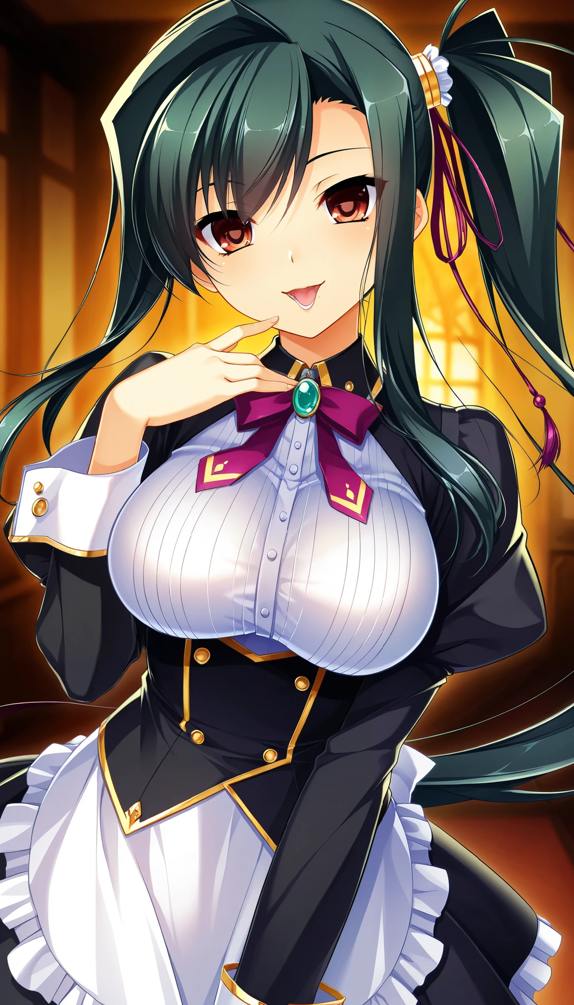 The night when the kan'u  \(koihime musou\),  open your mouth, Beautiful Finely Drawn Eyes , Shining Corona pupils ,  glossy lips , Greasy Lips ,  Highly Detailed Faces ,  long elegant fingers ,  long hair,  side ponytail ,  Dramatic Lighting ,  dark fantasy,  indecent vibe, Surprised expression, Glare:1.4,  attached a curved blade to the tip of the long handle_Holding a sword ,  random action pose , Beautiful round breasts:1.2, Beautiful bodyline,  brightly colored ,  Cinematic Composition ,  anime style :1.2, Detailed CG illustration, 8k, masterpiece．