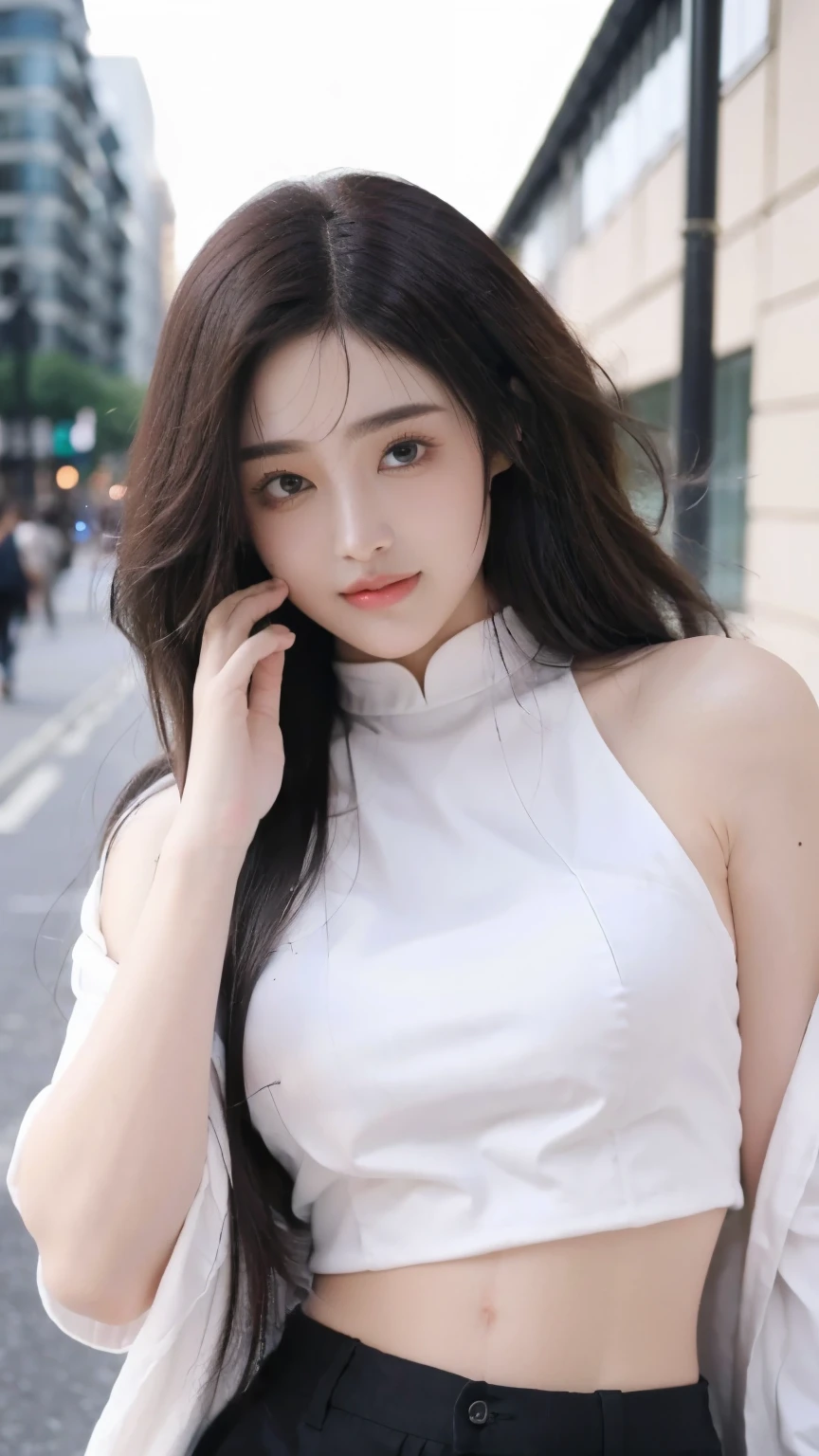 ((Masterpiece, high quality, ultra detailed, RAW Photo)), 1 Korean girl, black long hair, (have two bangs), perfect eyes, double eyelid, high nose bridge, heart shape lips, big doe eyes, crop top, long cargo pants, random poses, perfect smile, in the London street, thin face, slim body, full body photoshoot