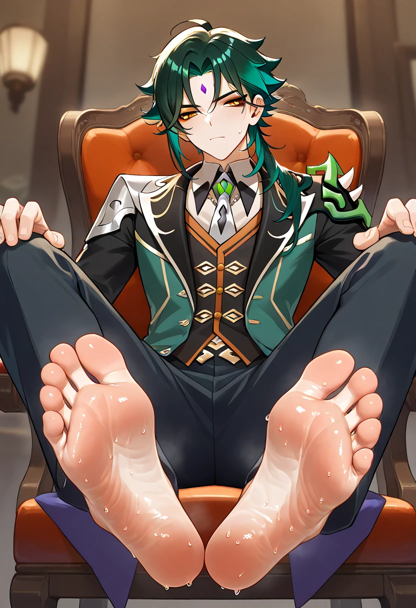 Xiao Genshin Boy white socked feet scrunching his sweaty soles sitting on chair