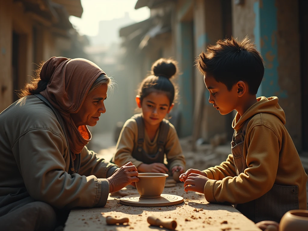 A poor mother and her three children eating food on the road, and rich people looking at them
