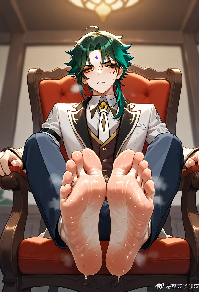 Xiao Genshin Boy white socked feet scrunching his sweaty soles sitting on chair