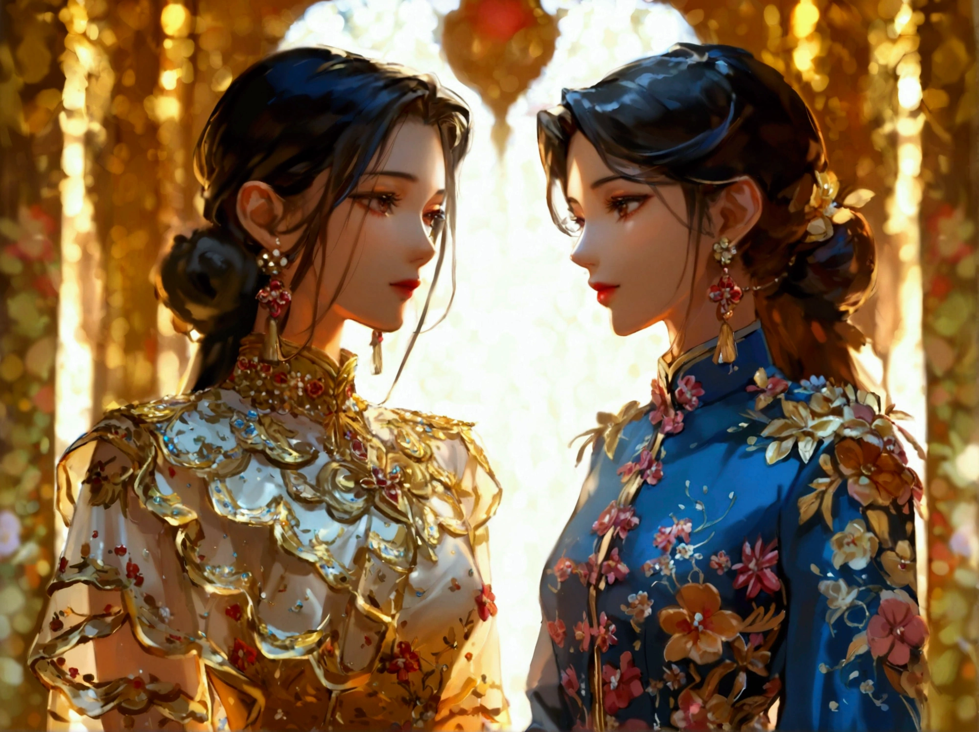 The image shows two characters in dresses that change upon request : The character on the left in a luxurious gold-and-white Thai dress with gorgeous jewelry, the character on the right donned a modern blue suit embroidered with flowers, along with a confident and modern look. The two stood in a warm pose in a gorgeously decorated and bright hallway. Both were women. 