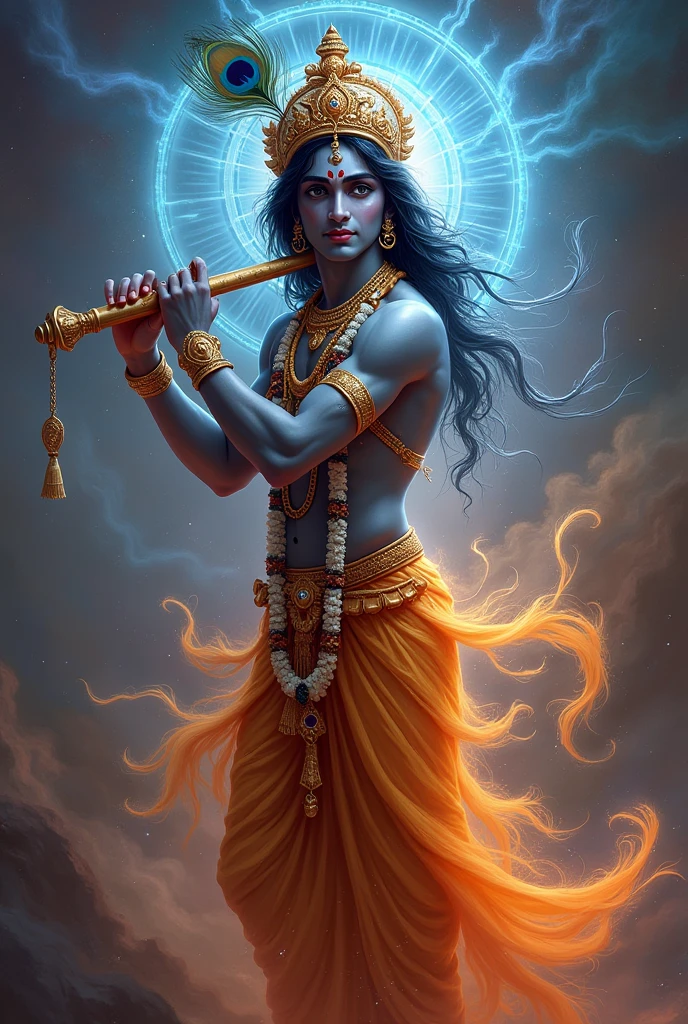 Krishna with his hand holding a flute and in another hand Sudarshan chakra. A peacock feather is in hands. The entire things is in black background. Only the outline of the body is seen which is radiating flame. The entire picture shows divinity. He has a smile that confronts others. He is in sitting position under a tree. On his other hand in a finger there is a spinning chakra
