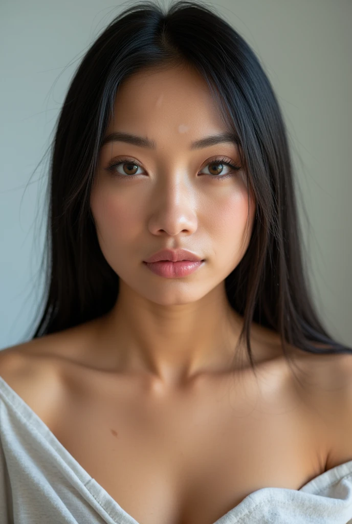 A beautiful  18 years old girl, straight long hair . , (((wide lips))), ((slanted eyes)), (small nose).  face as recently woke up, washed face, bare shoulders, t-shirt with wide cleavage, ((4k, very realistic picture)), reflex canon professional picture, (supermodel face), ((north korean face,)) portrait of face, zoom in face, tanned, cum on face