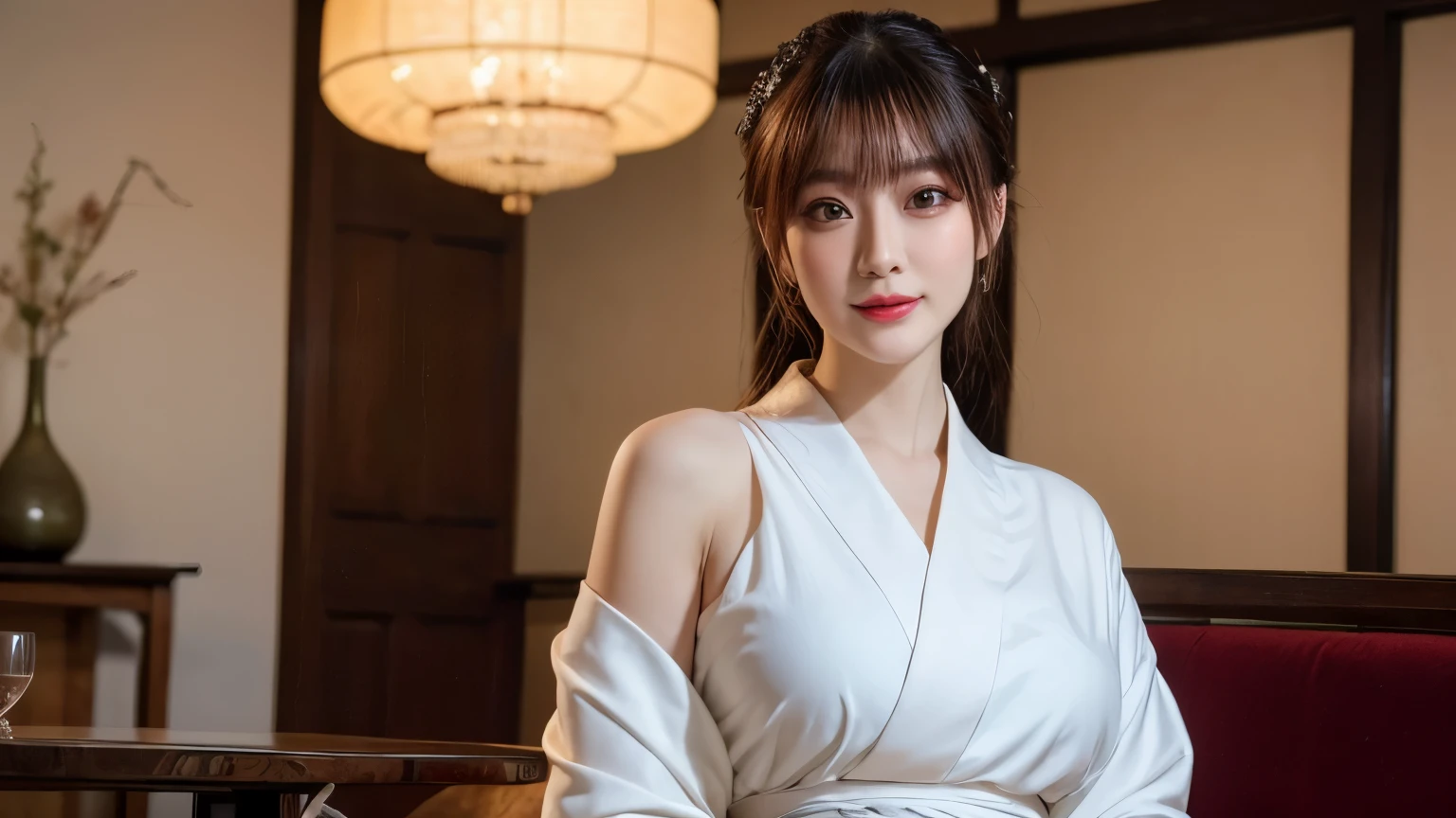 a luxurious lounge with a refined atmosphere, softly illuminated by a chandelier, a beautiful slendar woman wearing a stunning kimono with elegant patterns with a low neckline and exposed shoulders, a classy smile, a little opend mouth, narrow eyes, eyes are vacant, tipsy expressions, seated on a luxurious wooden sofa, holding a glass of sake in one hand, taking a sip, the table in front of her adorned with fine glassware and a sake bottle, warm tones, cozy and sophisticated, blending traditional Japanese culture with modern sophistication, with the main character elegantly posed in the nearly center, close-up shot, horizontal landscape images, {realistic}, {cinematic}, {photogenic}