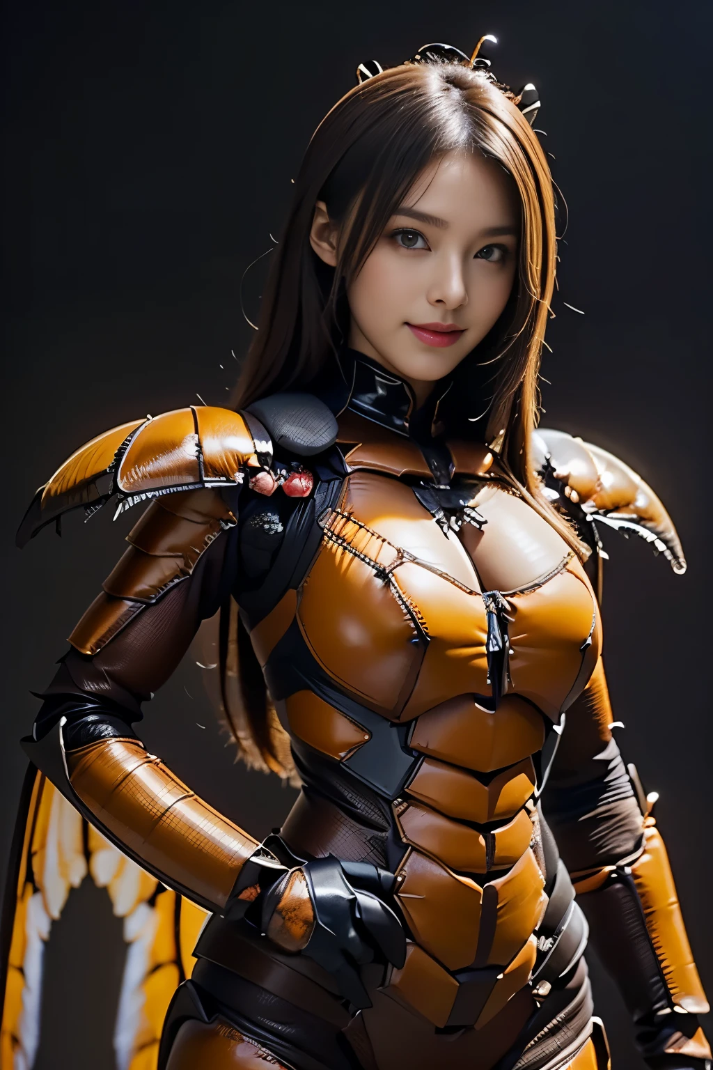 
(high resolution,masterpiece,best quality,extremely detailed CG, anime, official art:1.4), realistic, photo, amazing fine details, all intricate, gloss and shiny,awesome many layers, 8k wall paper, 3d, sketch, kawaii, illustration,( solo:1.4), perfect female proportion,villainess, (fusion of dark brown cockroach and lady:1.4), (brown cockroach form lady:1.2), (brown cockroach lady:1.2), (fusion:1.2), (solo:1.4), (evil smile:1.2), muscular, abs, (cockroach brown exoskeleton bio insect suit:1.4), (cockroach brown exoskeleton bio insect armor:1.2), (brown transparency cockroach wing:1.4), (brown cockroach antennae:1.3),