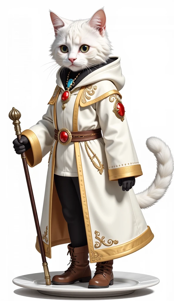 The character is a cat wearing a cat costume 。 standing on a plate 。 wearing a fluffy costume with cat ears and tail。The eyes are big and shining,、 Please draw a super realistic female character with white hair 。 She has a cane with red jewels 、 wears a white and gold embellished robe 。 The character wears black tights and brown boots。The background is white、The character is centered around 。 character's expression is calm 、It has a charming atmosphere。