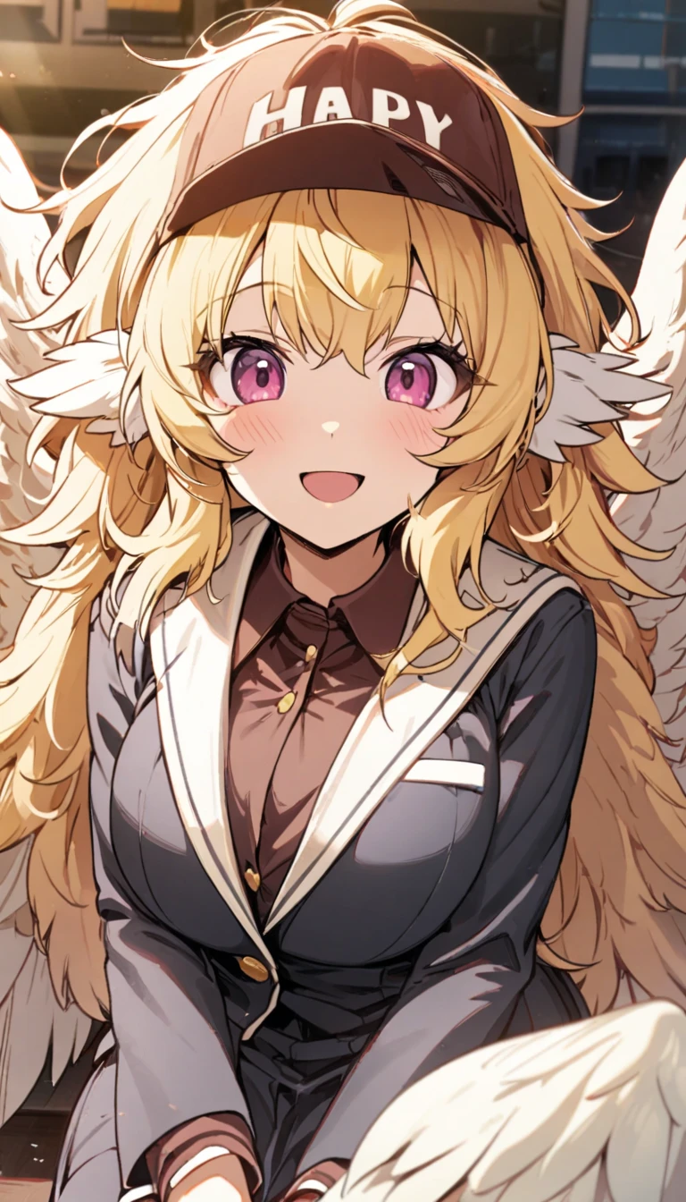 1girl,((harpy girl)), (blonde hair,messy hair, ultra long hair, harpy bird ears, harpy bird wings), big female-melons, school blazer uniform, baseball-cap, open mouth smile,   (Voice:Miku Ito),masterpiece,best quality,ultra detailed, very aesthetic, hyper cute line style illustration, 