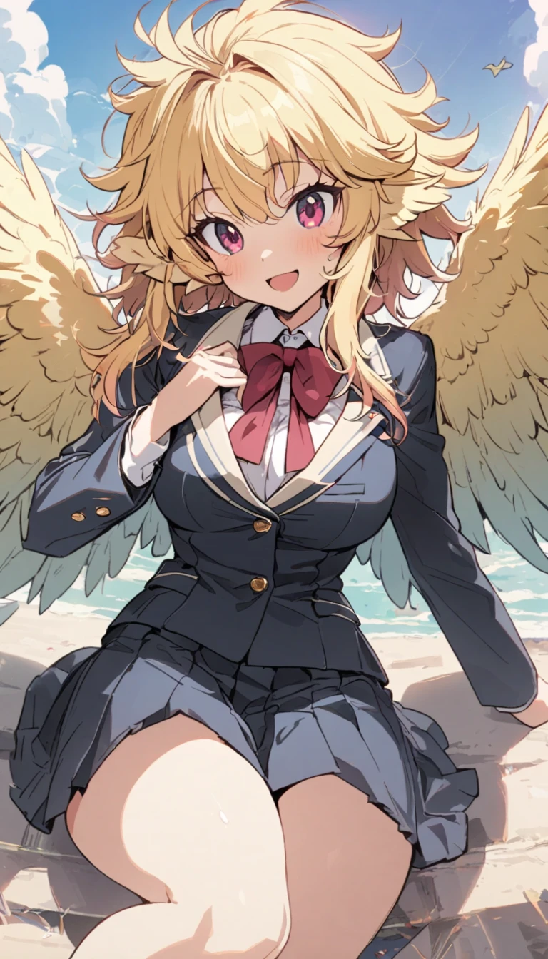 1girl,((harpy girl)), (blonde hair,messy hair, ultra long hair, harpy bird ears, harpy bird wings), big female-melons, school blazer uniform, baseball-cap, open mouth smile,   (Voice:Miku Ito),masterpiece,best quality,ultra detailed, very aesthetic, hyper cute line style illustration, 