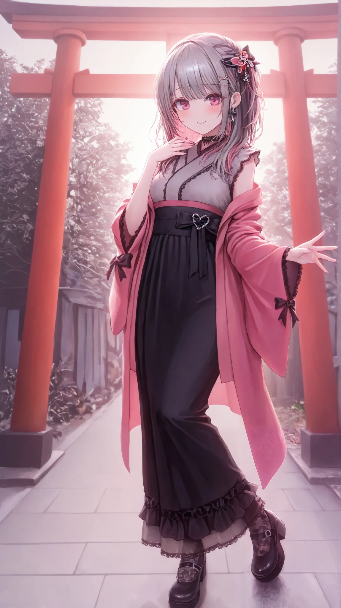  1 girl{jirai kei,{( hair accessories,multicolored hair, gray hair,Magenta,Shiny hair, light through)},(Eye color AIU ､Magenta), slender,(Black-based ruffles:Kimono-style costume using lace),　In front of the torii gate of the shrine,{ Halation in the morning sun},　 Side Angle , Full Body Long Shot ,smile,blush,Seduce, beautiful hands,Five fingers