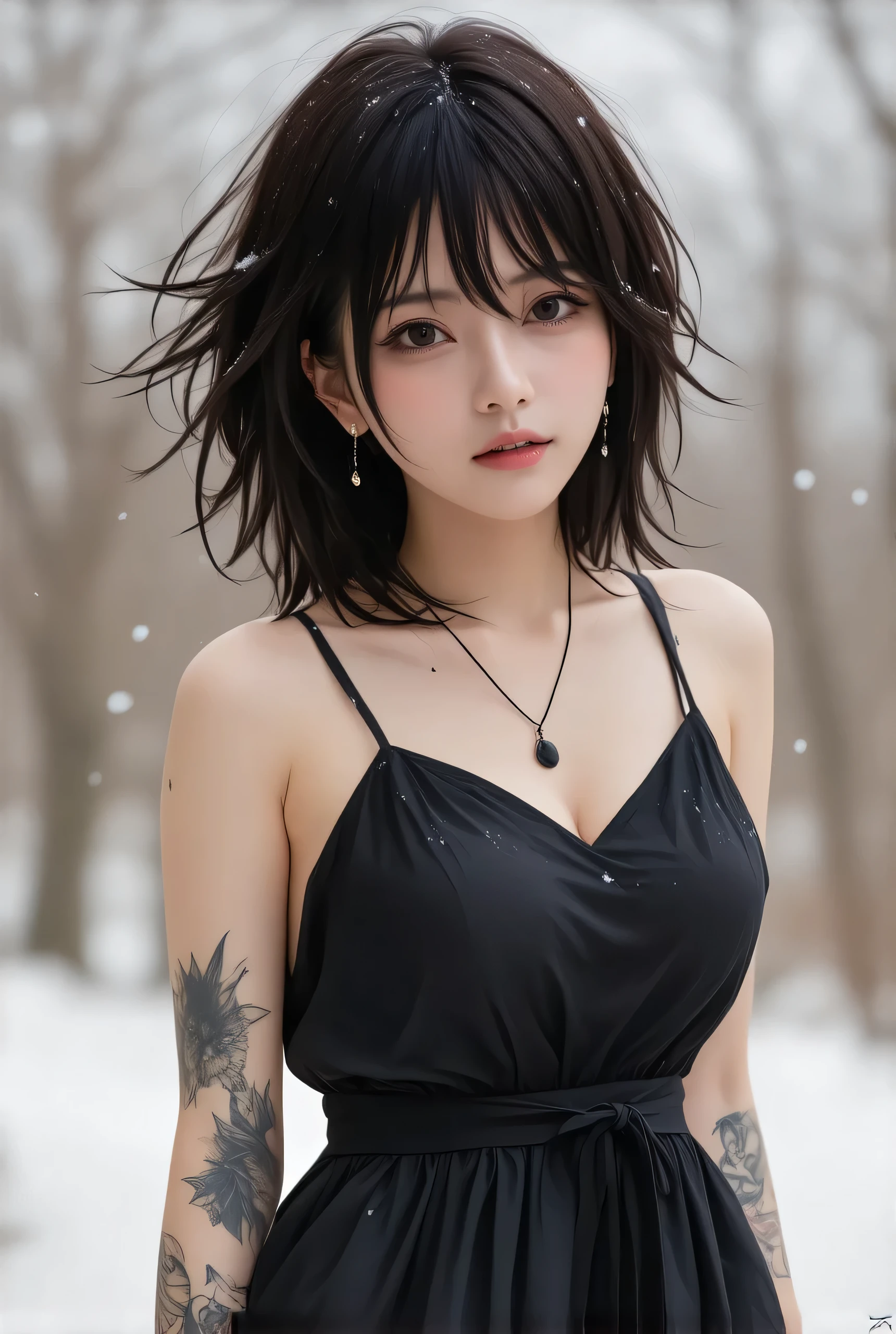 Manga and Sinozick style, hyperrealistic 3D drawing, full-length portrait of a woman, messy black hair with bangs, black linen dress, earrings, tattoos, snow covers the woman's clothes, tilted head, seduction, sensuality, movement, low angle, the atmosphere is cloudy, fog, night, darkness, bokeh, hyperrealistic, hyperdetailed, Anna Dittmann and Ilia Kuvshinov style, Wlop art, Guweiz