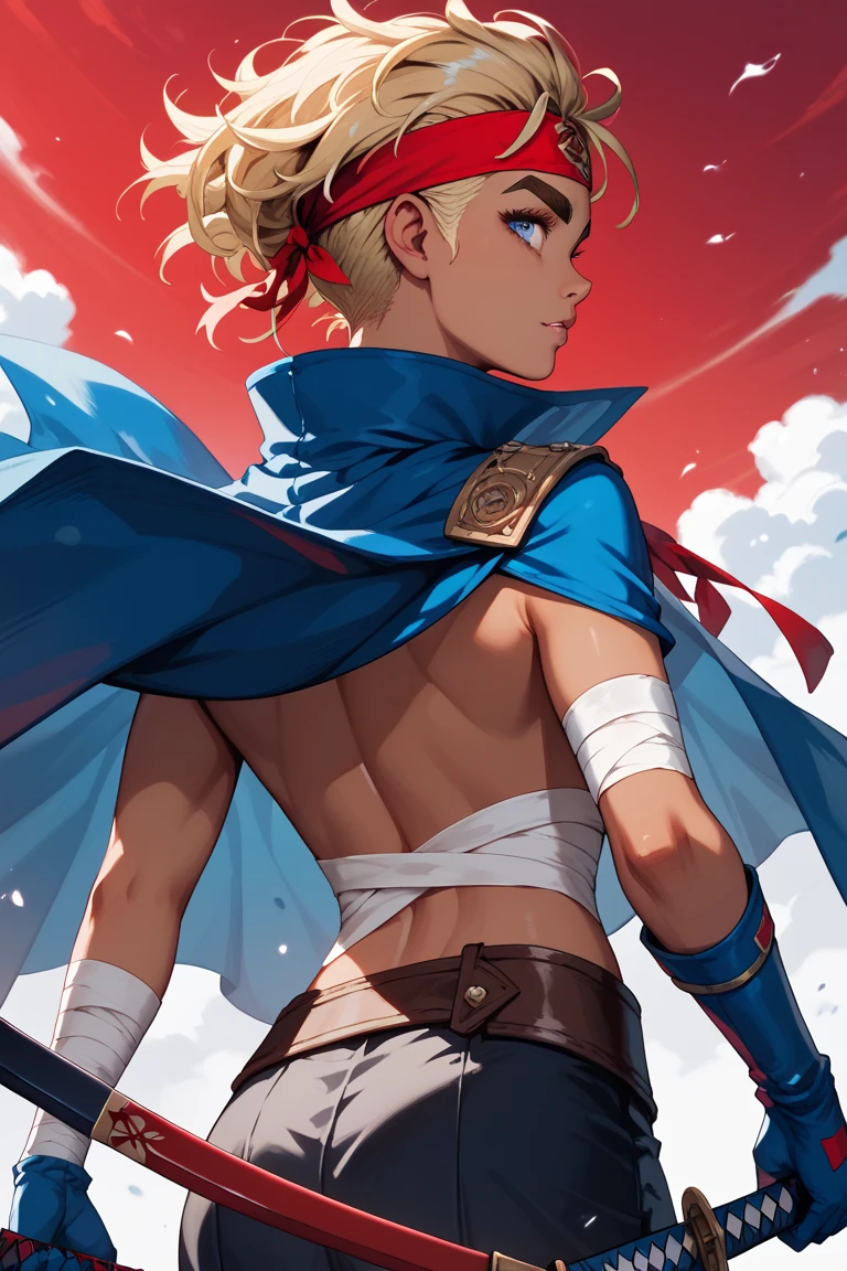 Blonde hair, red headband, blue booze, bandage gloves, Wild hair, thick eyebrows, blue eyes, brown skin, blue cape, back katana, dark empire, creepy forge, red sky,