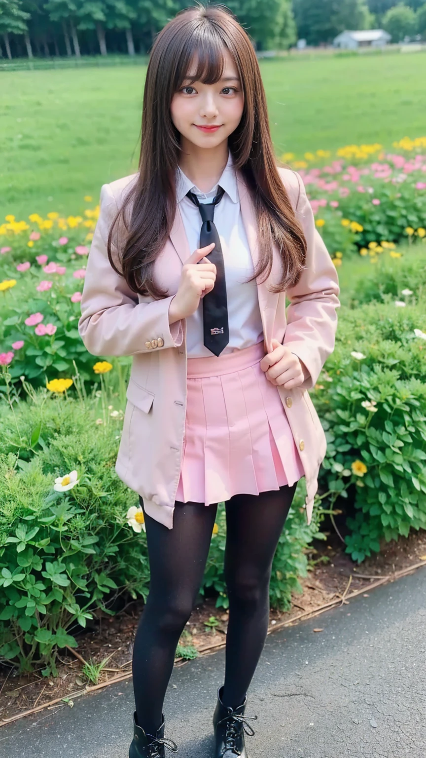 (8k、     RAW photos   、   top quality、masterpiece   :1.2)、(   realistic  、   realistic  )、1 person、((bangs、 ties、tights、 boots、black and pink jacket 、smile、whole body、 black tight mini skirt、 shows shoulders、Flower Field、Narrow waist、Stand with hands on hips、 standing facing you   )、 cute