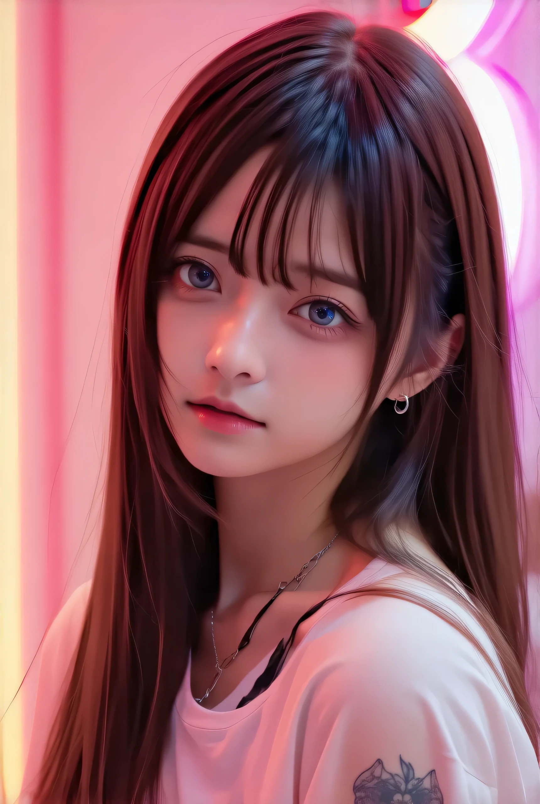 Hyperrealistic 3D portrait of a girl with long messy hair and bangs covering half her face, blue eyes, a tattoo on her shoulder, Anna Dittmann and Ilia Kuvshinov style, neon side lighting, intricate John Berkey style background, manga style and Sinozick style