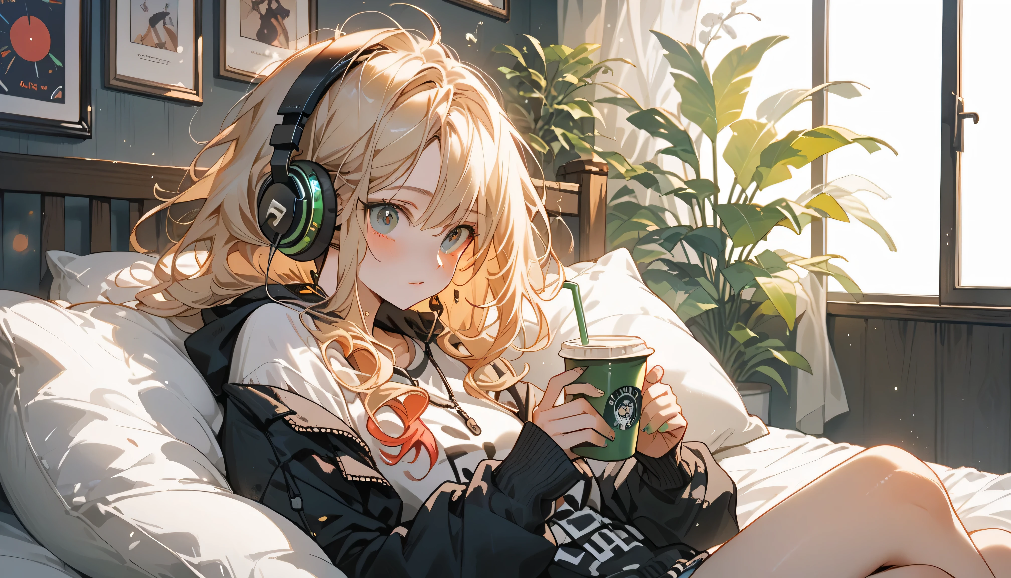 Anime girl with headphones sitting on a bed holding a cup of coffee ...